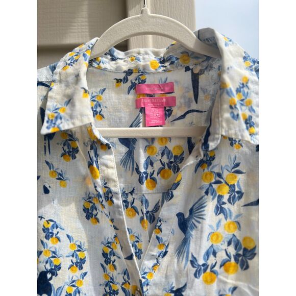 Izacc Mizrahi Linen Button Top Plus White Blue Floral Bird Lemon Short Sleeve - Picture 3 of 5